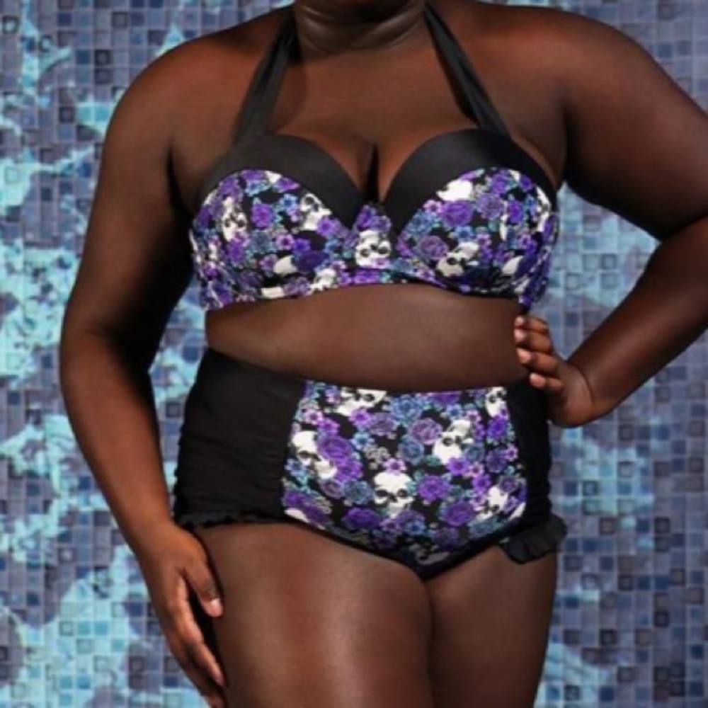 Skull Purple Floral Ruffle Swim Bottoms Plus‎ Size Hot Topic
